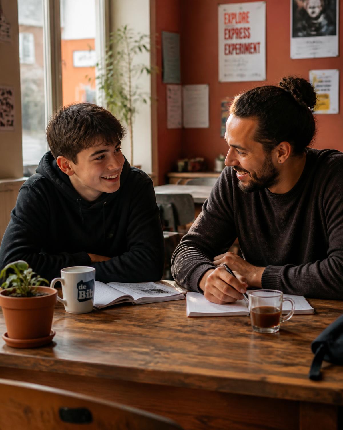 Mentor en jongere in gesprek in een jeugdcentrum